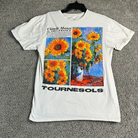 Monet Shirt Womens Medium Beige Blue Tournesols Clause Monet Art Short Sleeve - Picture 1 of 11